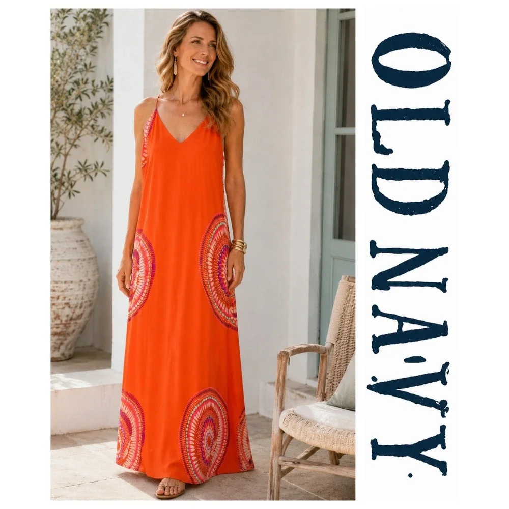 Old Navy Orange Coral Mandala Print V-Neck Spaghetti Strap Maxi Dress M - Picture 1 of 10